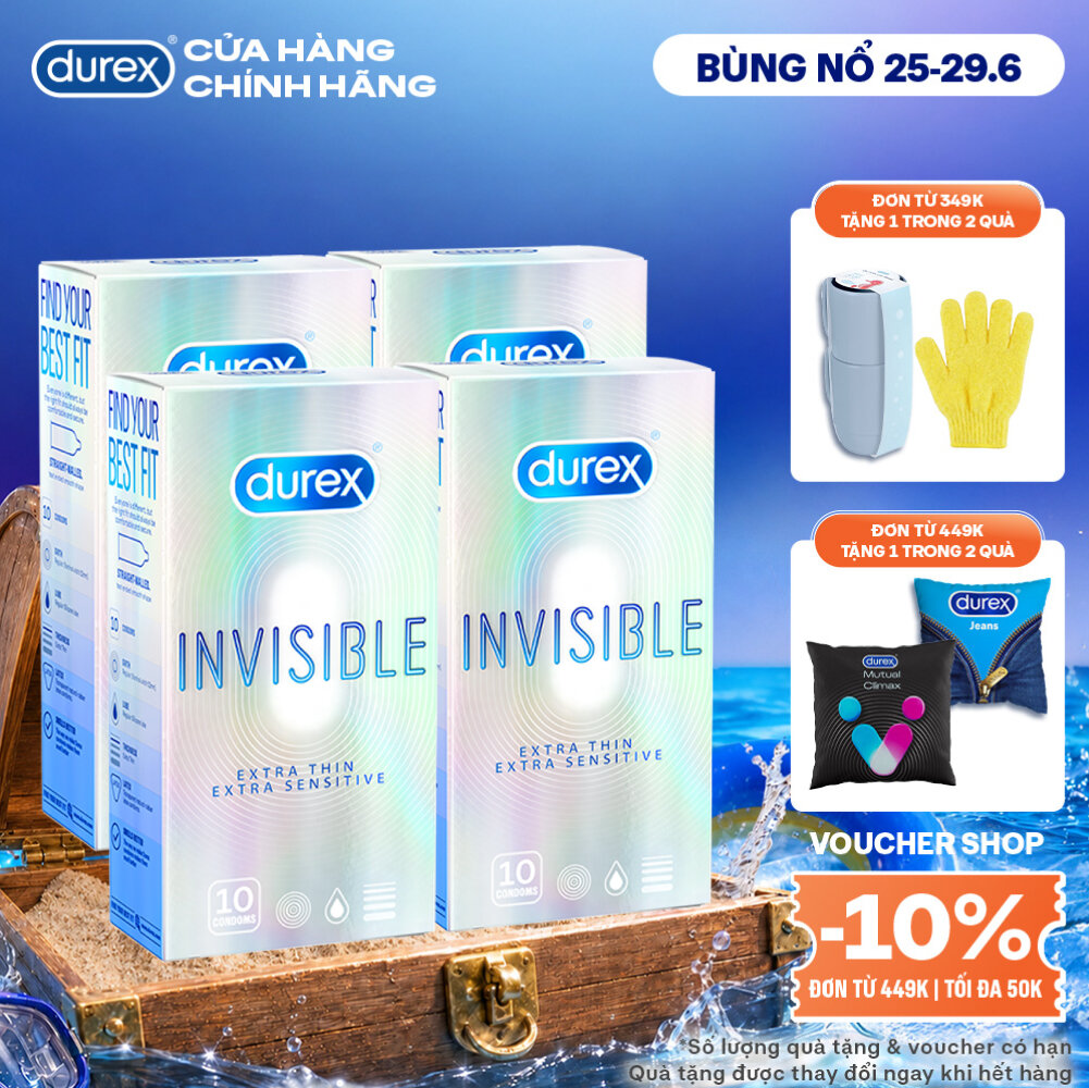 Bộ 4 hộp bao cao su Durex Invisible siêu mỏng, size 52mm, hộp 10 bao