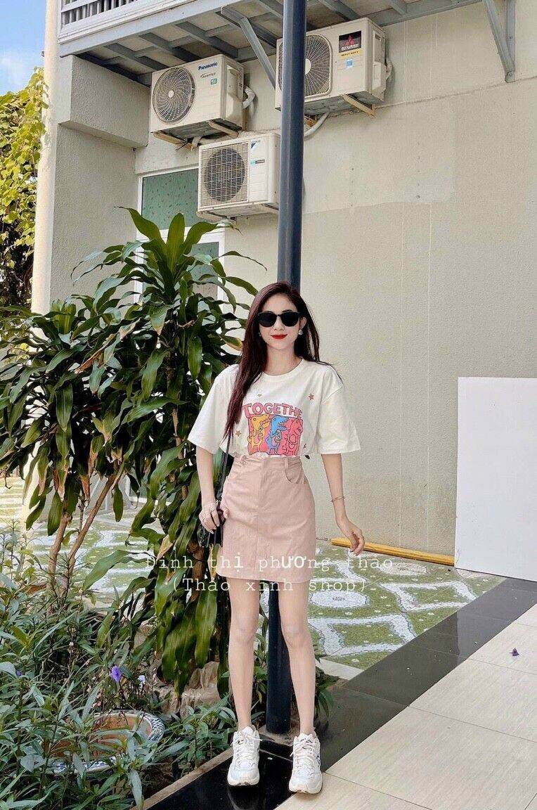 Set áo thun togethe phối chân váy hồng