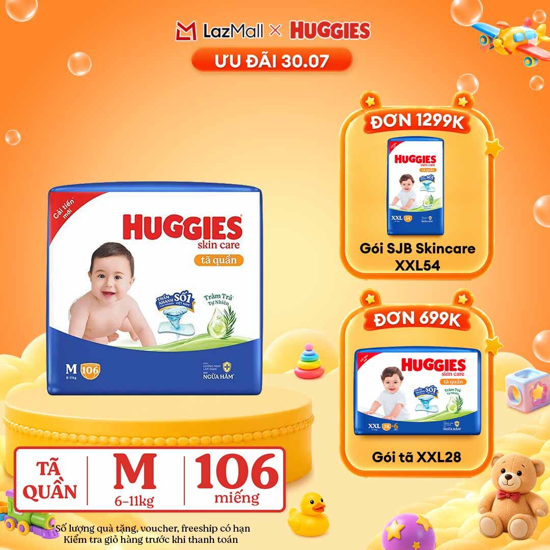 [30.7 GIẢM THÊM 90K]  Gói Tã/bỉm quần HUGGIES SKINCARE MEGA JUMBO size M 102+4 miếng