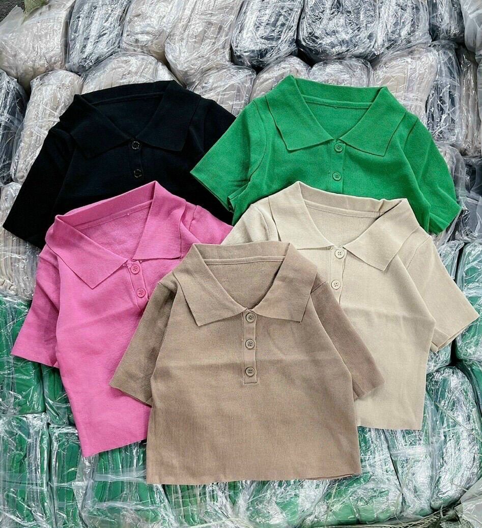 Áo len nữ cổ bẻ dáng croptop bo gấu bassic