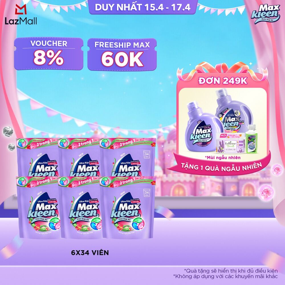 Combo 6 Túi viên giặt xả MaxKleen hương Nước Hoa Huyền Diệu (34 viên/ túi)