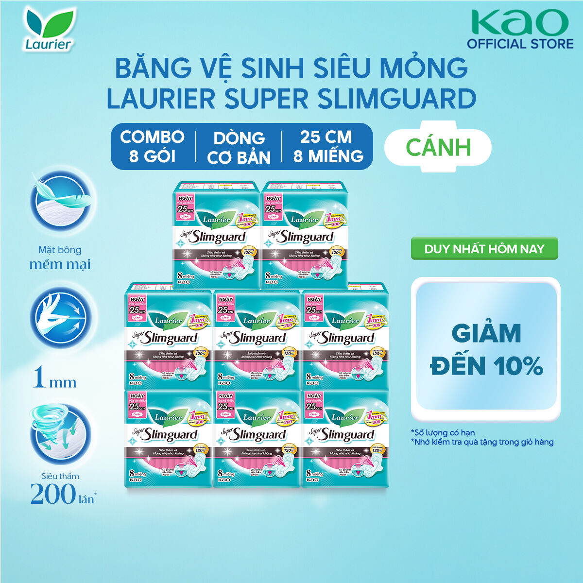 Combo 8 gói băng vệ sinh Laurier siêu mỏng bảo vệ 1mm 25cm 8 miếng