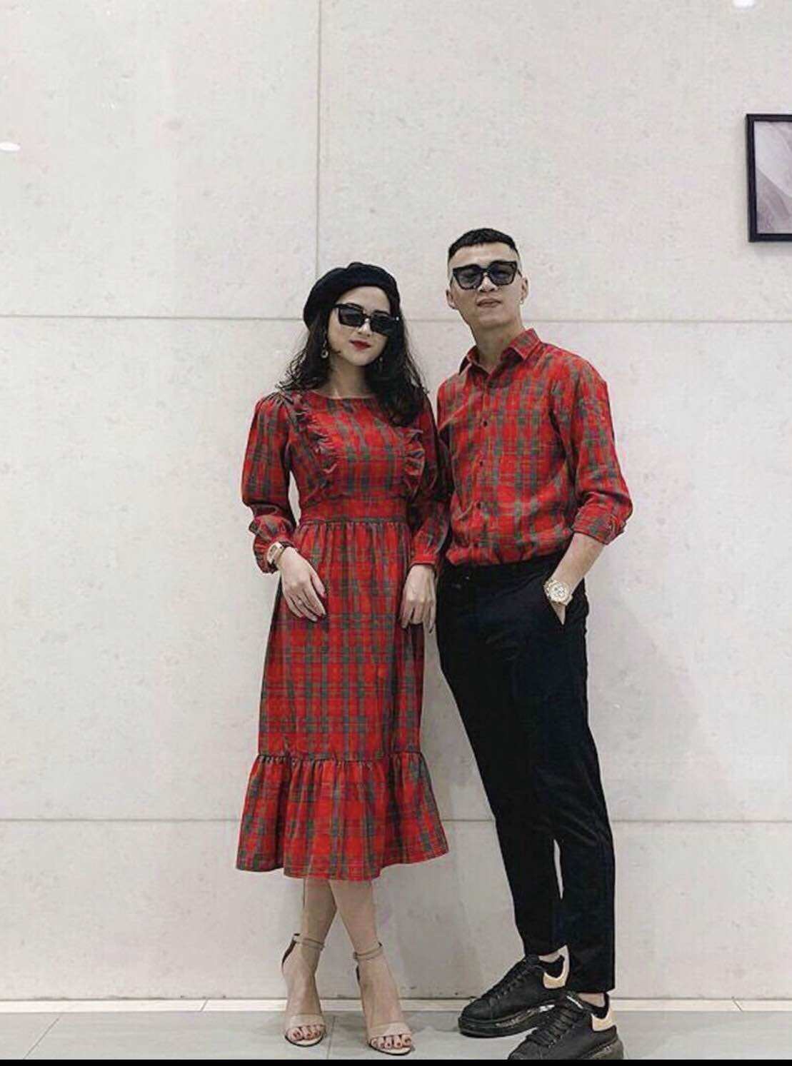 Set đồ đôi nam nữ caro đỏ form ôm tay dài, đuôi cá