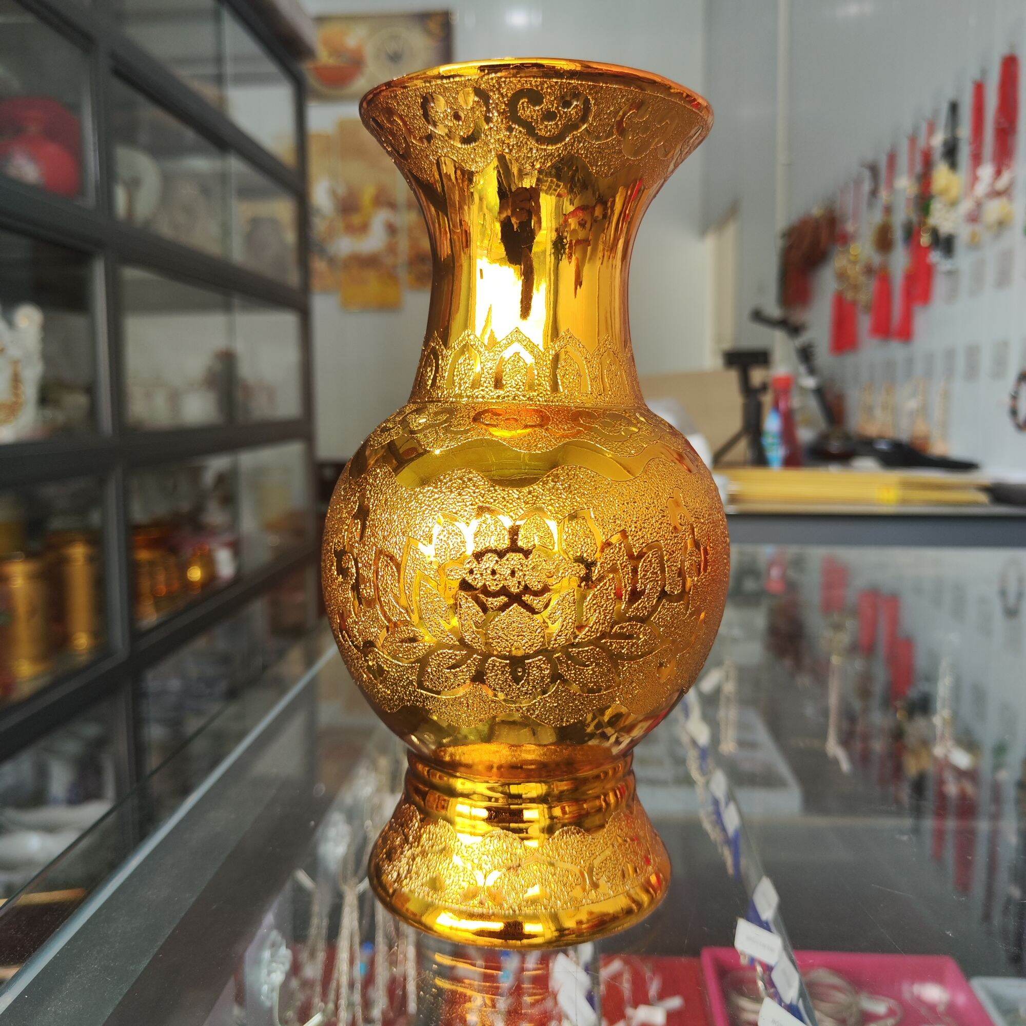 Bình hoa thờ cúng kim sa vàng cao 18cm