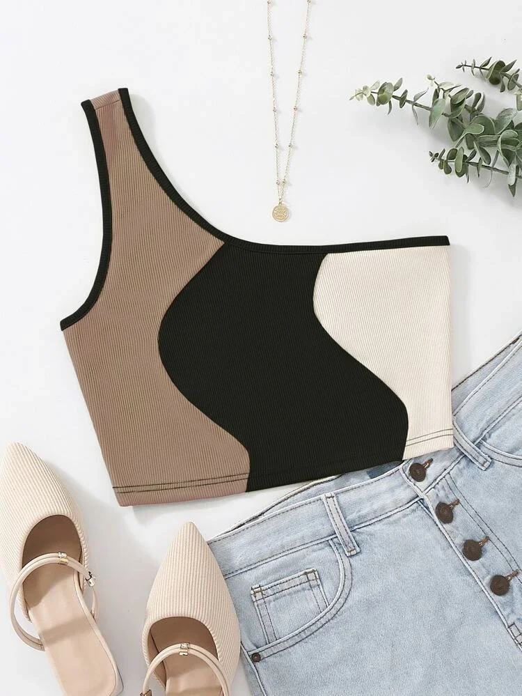 Áo croptop ĐEN lệch vai phối 3 màu