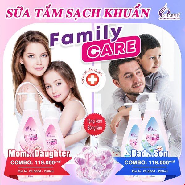 Combo 2 chai Sữa tắm family care + tặng kèm bông tắm