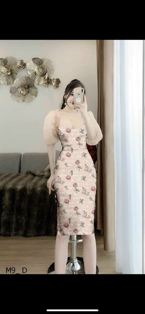 Đầm body hoa tay phồng. chất umi có dãn thoải mái
