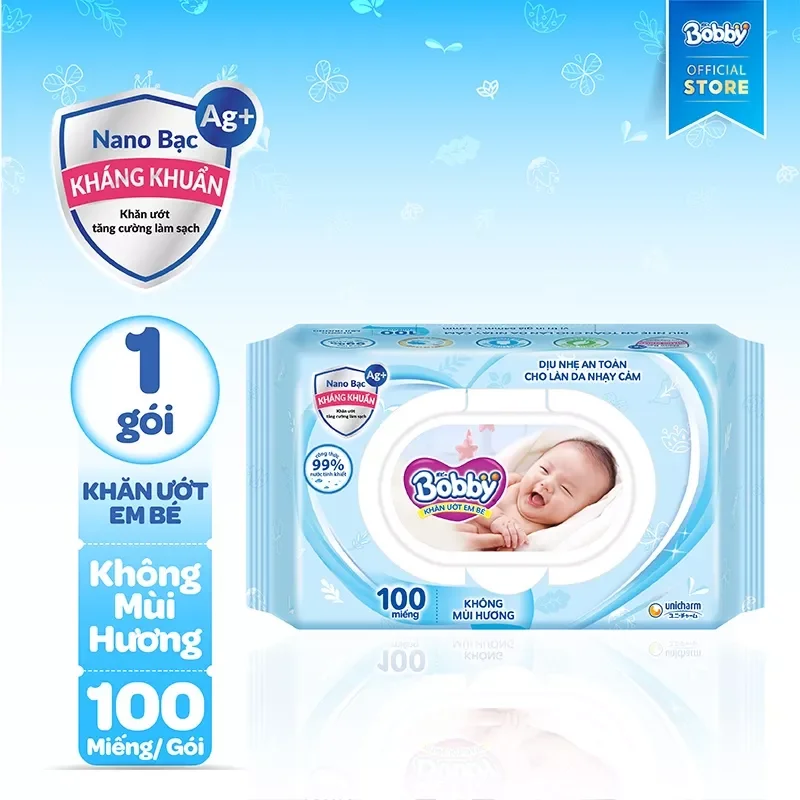 1 gói khăn ướt Bobby 100 miếng, Huggies 64 miếng