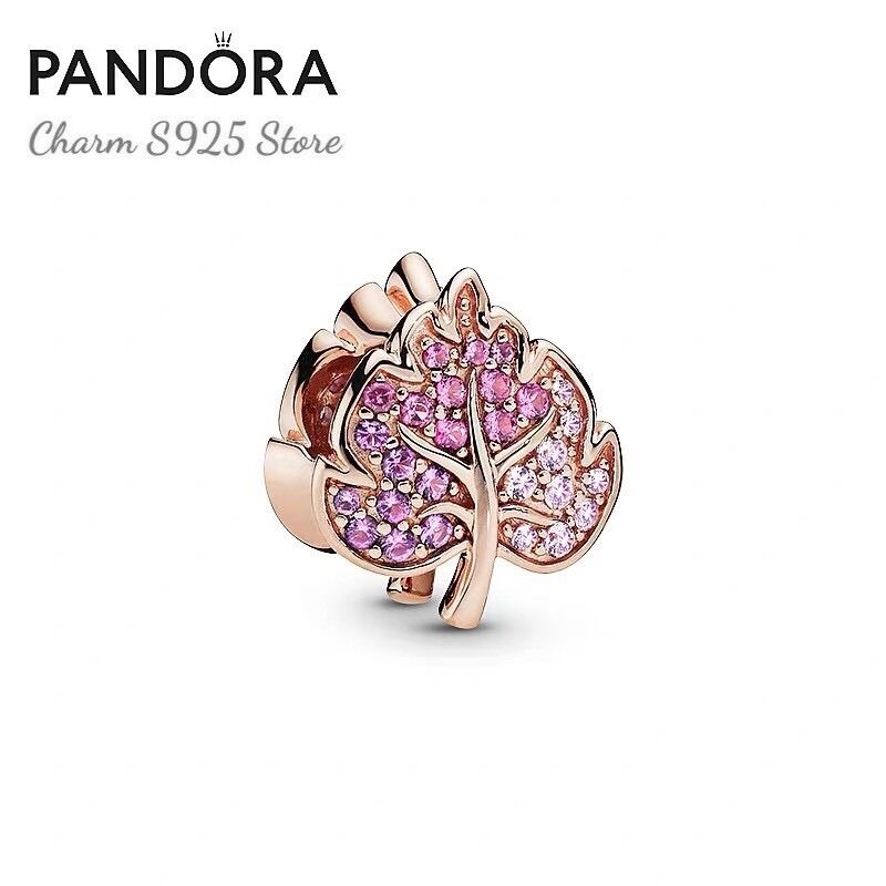 Charm pan ale chiếc lá đính đá hồng bạc s925