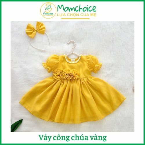SP7 Váy Công Chúa [MOMCHOICE] Đầm Bé Gái Màu Vàng Óng Ánh Đính Cườm Kèm Cài Ngọc Từ 3kg-18kg Chất Tơ Nến