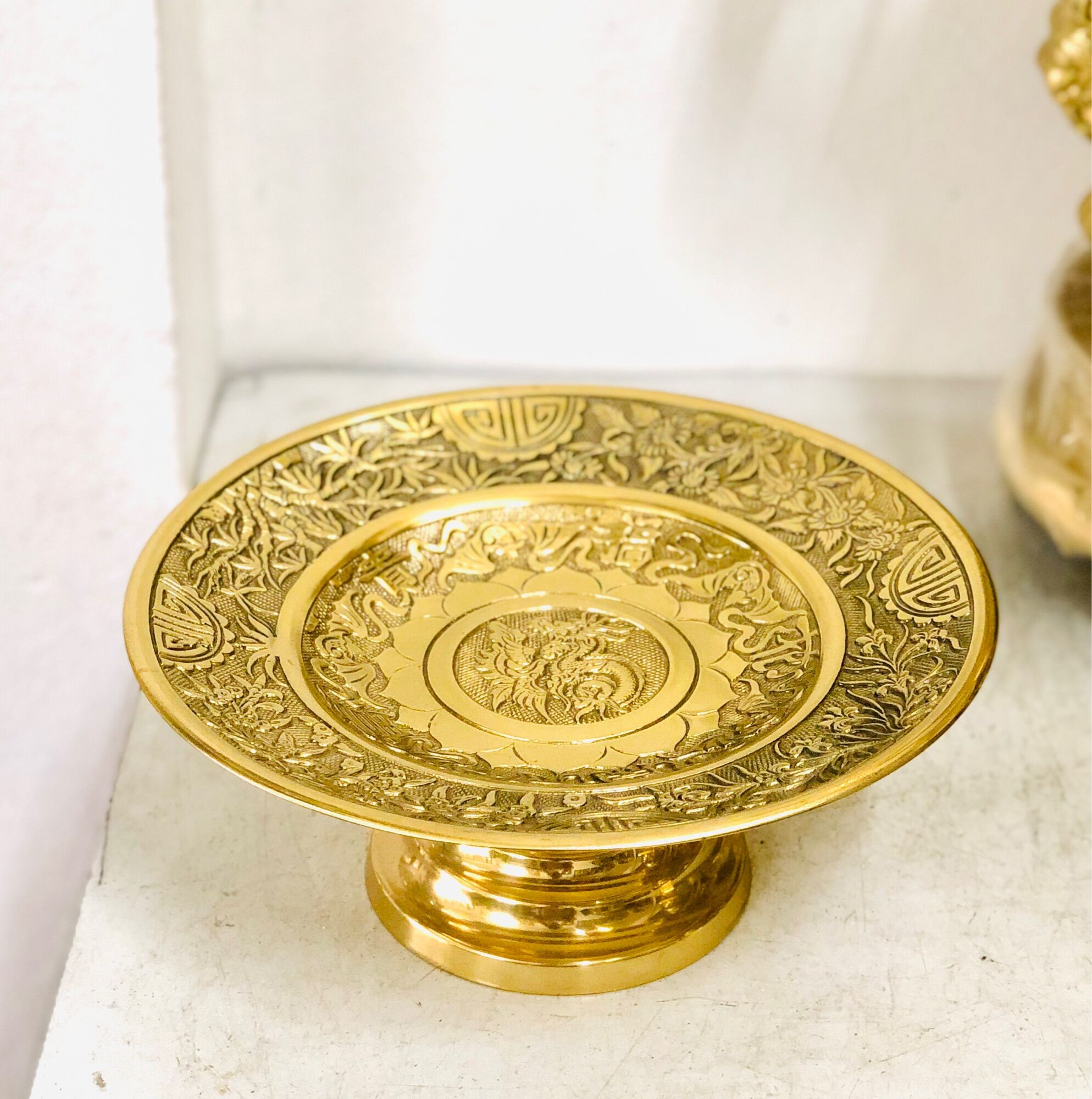 Mâm ngũ quả mâm bồng bằng đồng nguyên chất 25cm hàng đẹp nặng 1,4kg ,Đĩa đựng trái cây trên bàn thờ
