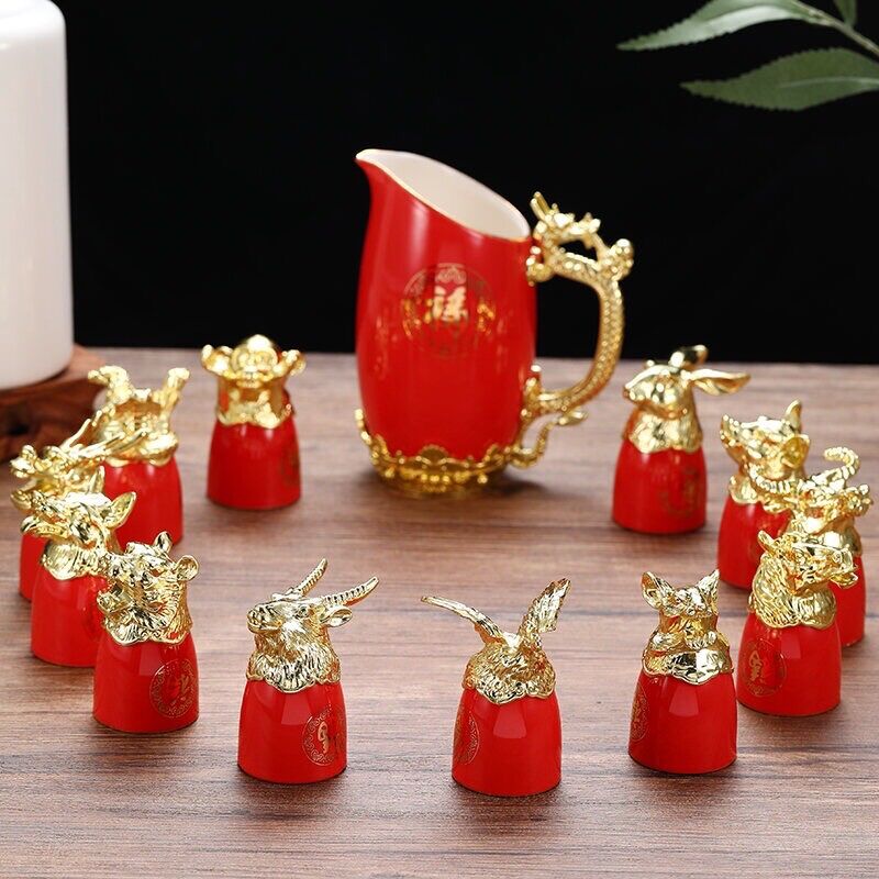 Bộ ly uống rượu 12 con giáp bằng sứ tráng men cao cấp sang trọng tinh tế làm qùa tặng kỷ niệm