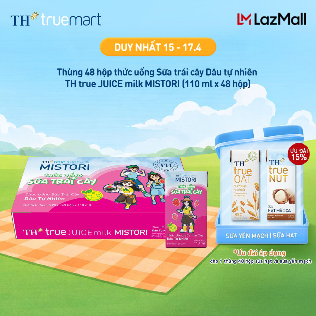 Thùng 48 hộp thức uống Sữa trái cây TH true JUICE milk MISTORI Dâu tự nhiên 110 ml x 48 hộp