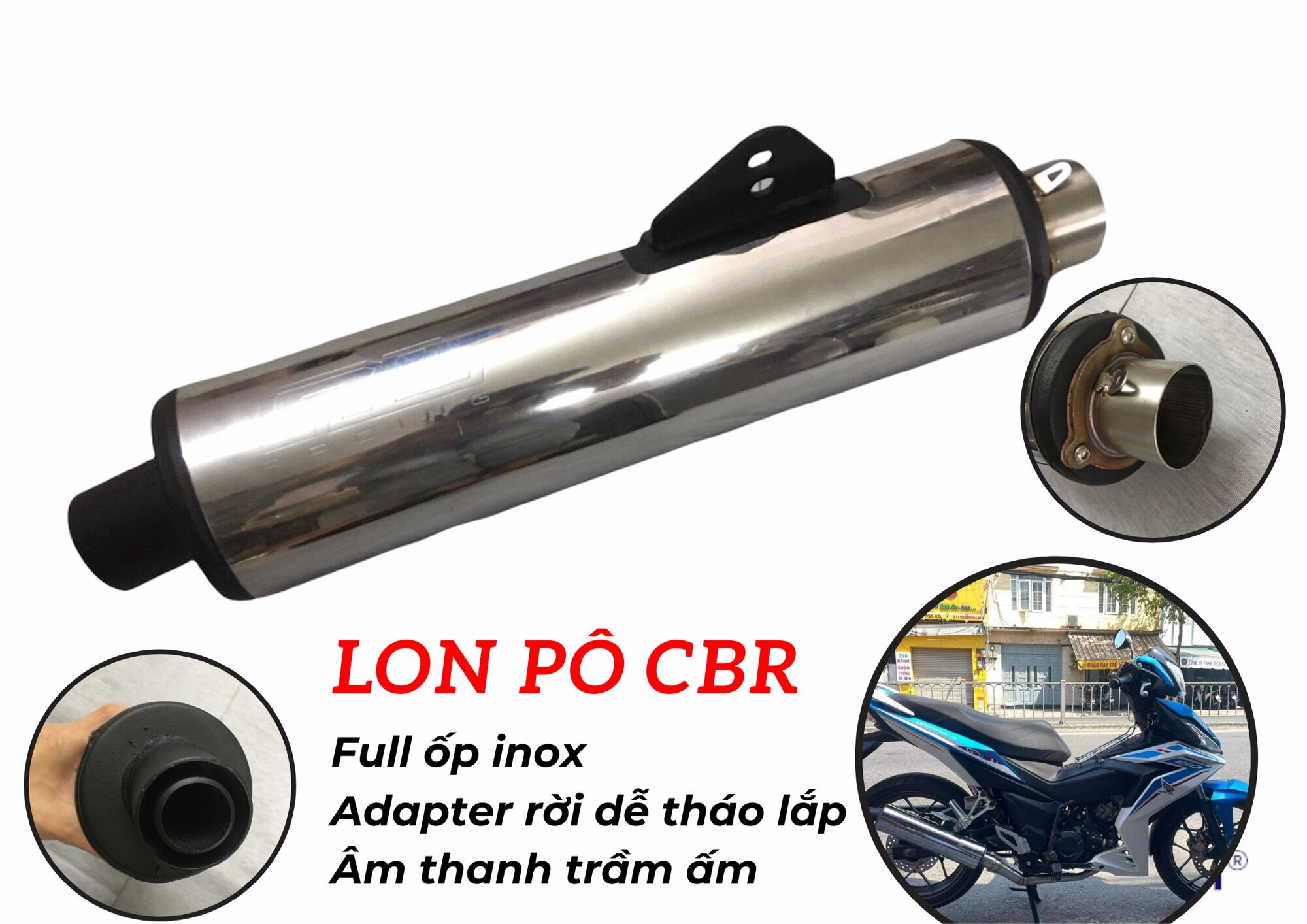 Lon pô cbr adapter rời full ốp inox xịn âm thanh trầm ấm