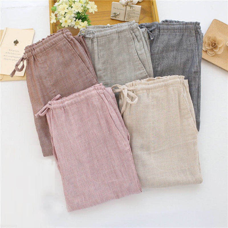 Quần Vải Lanh Xuân Hè Quần Dài Quần Ngủ Thoải Mái Quần Mặc Nhà Cotton Nam Nữ Kiểu Nhật Cotton Mỏng
