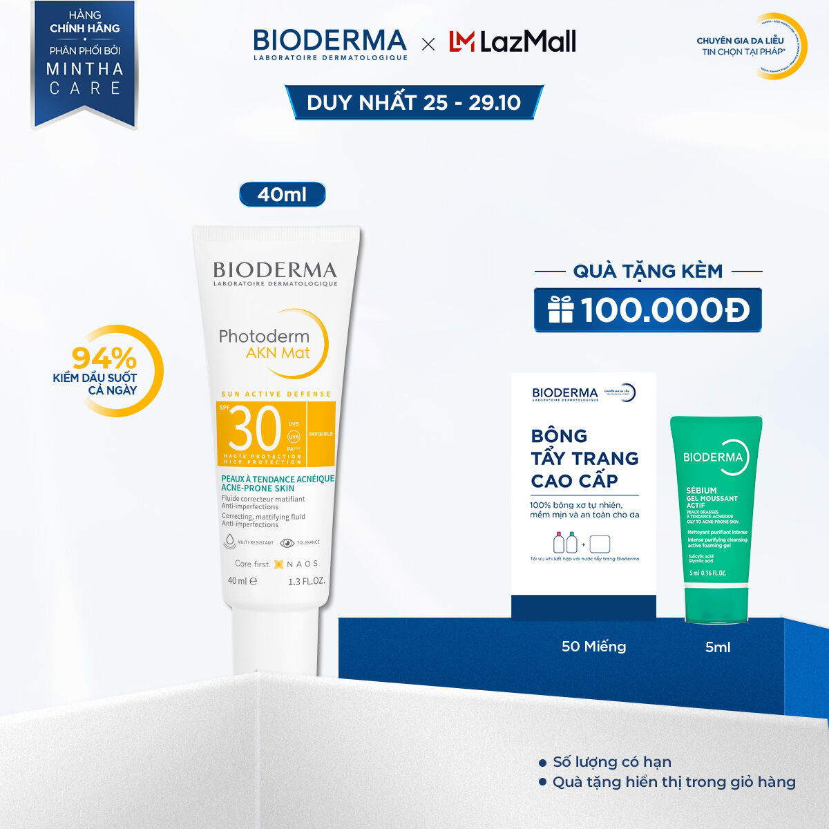 Kem chống nắng dành cho da hỗn hợp, da dầu và da mụn Bioderma Photoderm AKN Mat SPF30 - 40ml