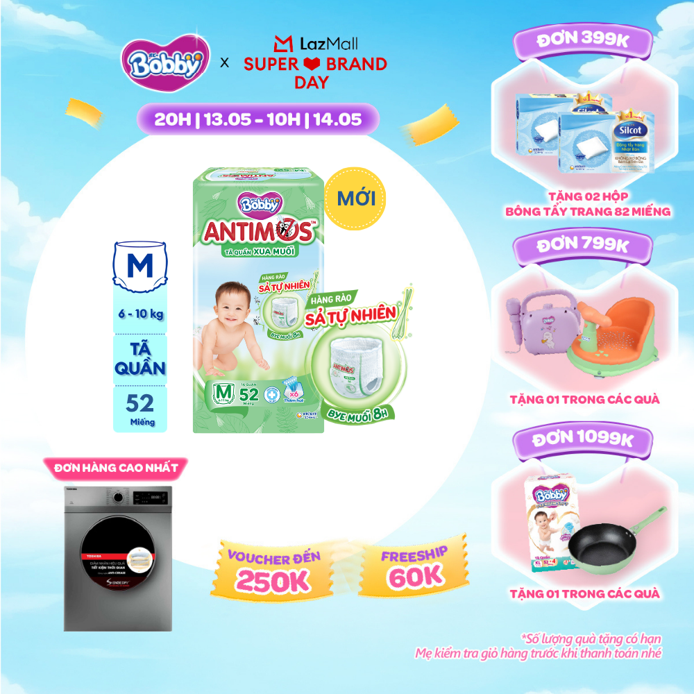 [CHỈ 20h 13.05 QT Đơn 899K/1199K][MỚI] Tã Quần Xua Muỗi Bobby Antimos – Hàng rào Sả tự nhiên Bye Muỗi 8H - Size M 52 miếng