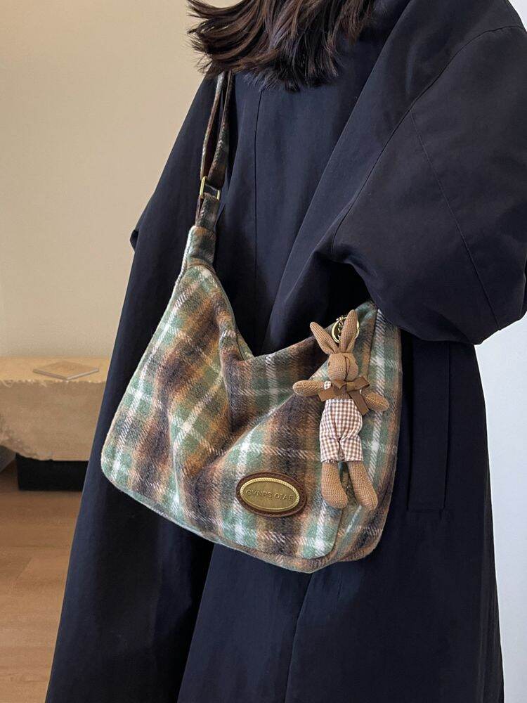 Túi Tote Vải Len Kẻ Cariedo Dung Tích Lớn Mùa Thu Đông Thường Ngày Đa Năng Vai Đơn Chéo Cho Nữ