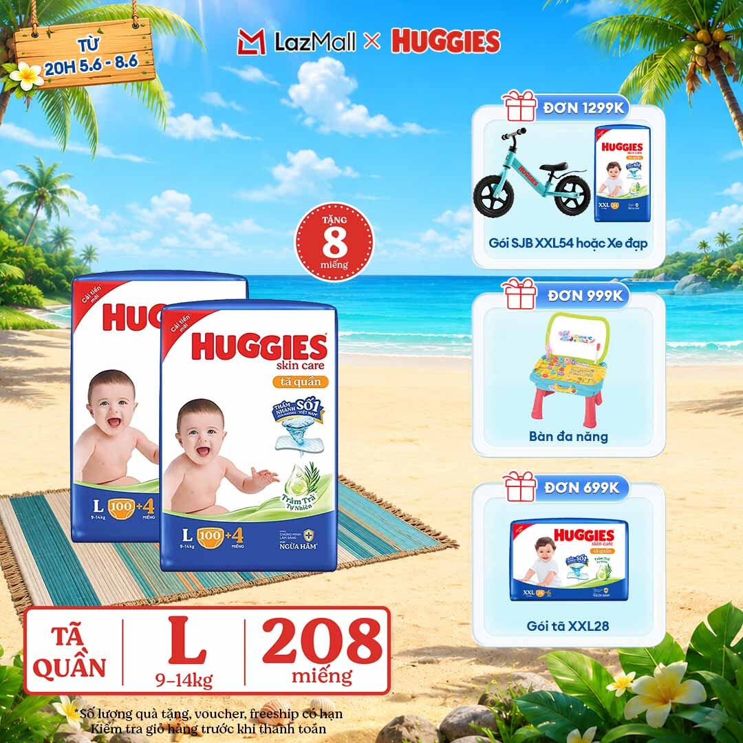 [CHỈ 9-10.6 GIẢM THÊM 90K]  Combo 2 Gói Tã/bỉm quần HUGGIES SKINCARE MEGA JUMBO size L100+4 miếng