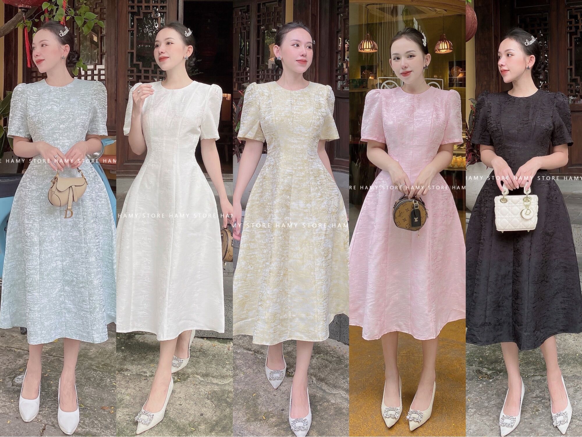 Đầm tay bồng vải gấm
