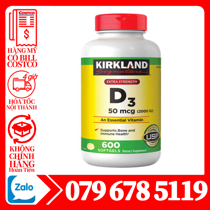 [ Hàng Mỹ xách tay ] Viên Vitamin D3 Kirkland 50mcg ( 2000 IU) - 600 viên cao cấp