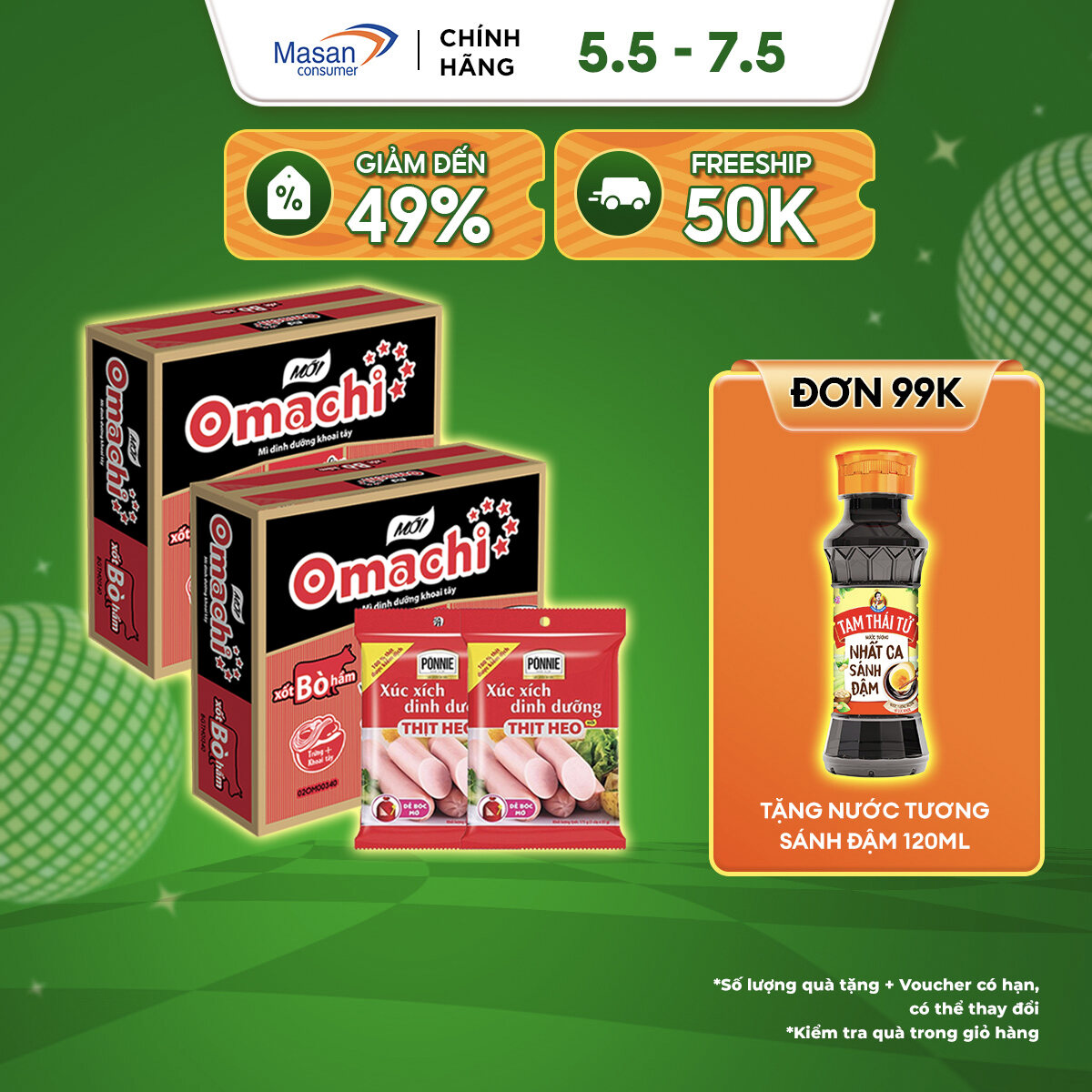 Combo 2 Thùng Omachi Xốt Bò Hầm Gói 80G + 2 Xúc Xích Tiệt Trùng Ponnie Vị Heo 70G