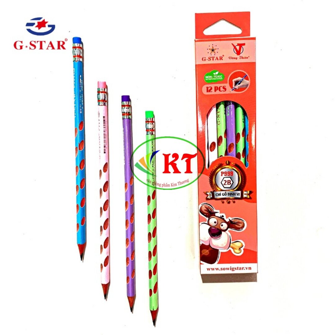 Hộp 12 cây bút chì định vị 2B có gôm Gstar mã P999 - bút giúp bé cầm bút đúng tư thế