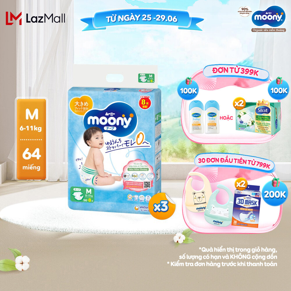 Combo 3 Tã/Bỉm dán cao cấp Moony Blue NB90/S84/M64/L54