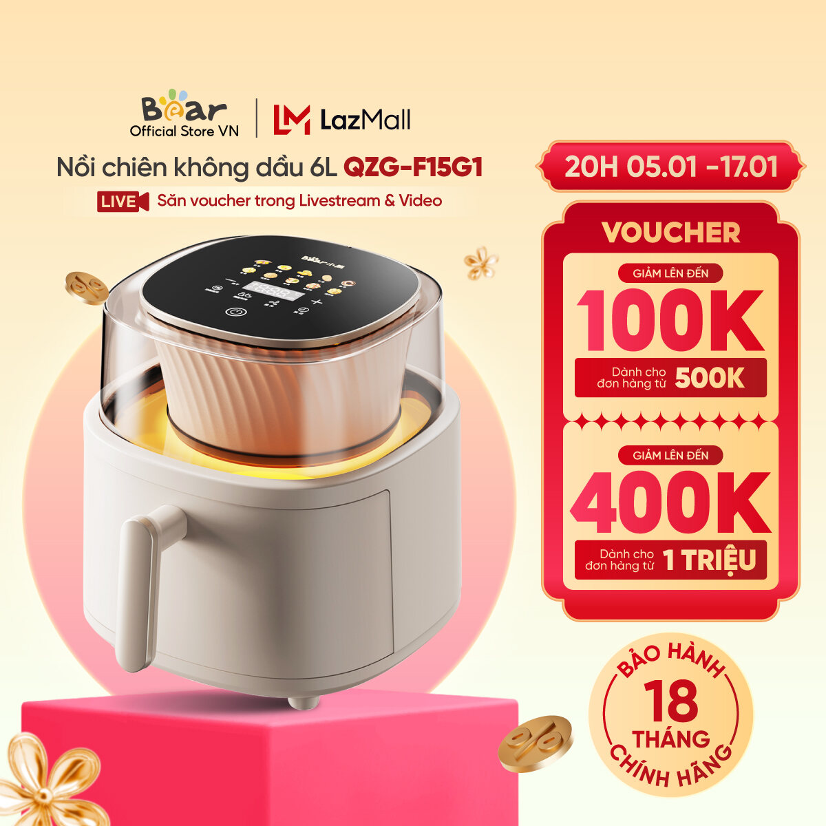 Nồi chiên không dầu 6L Bear QZG-F15G1 - Hàng Chính Hãng