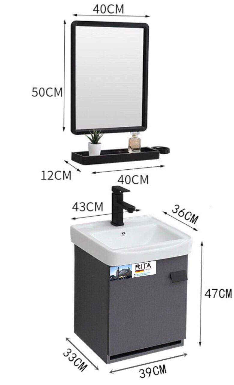 Combo tủ chậu lavabo rửa mặt gồm lavabo sứ, tủ, có gương và kệ kính 43x36