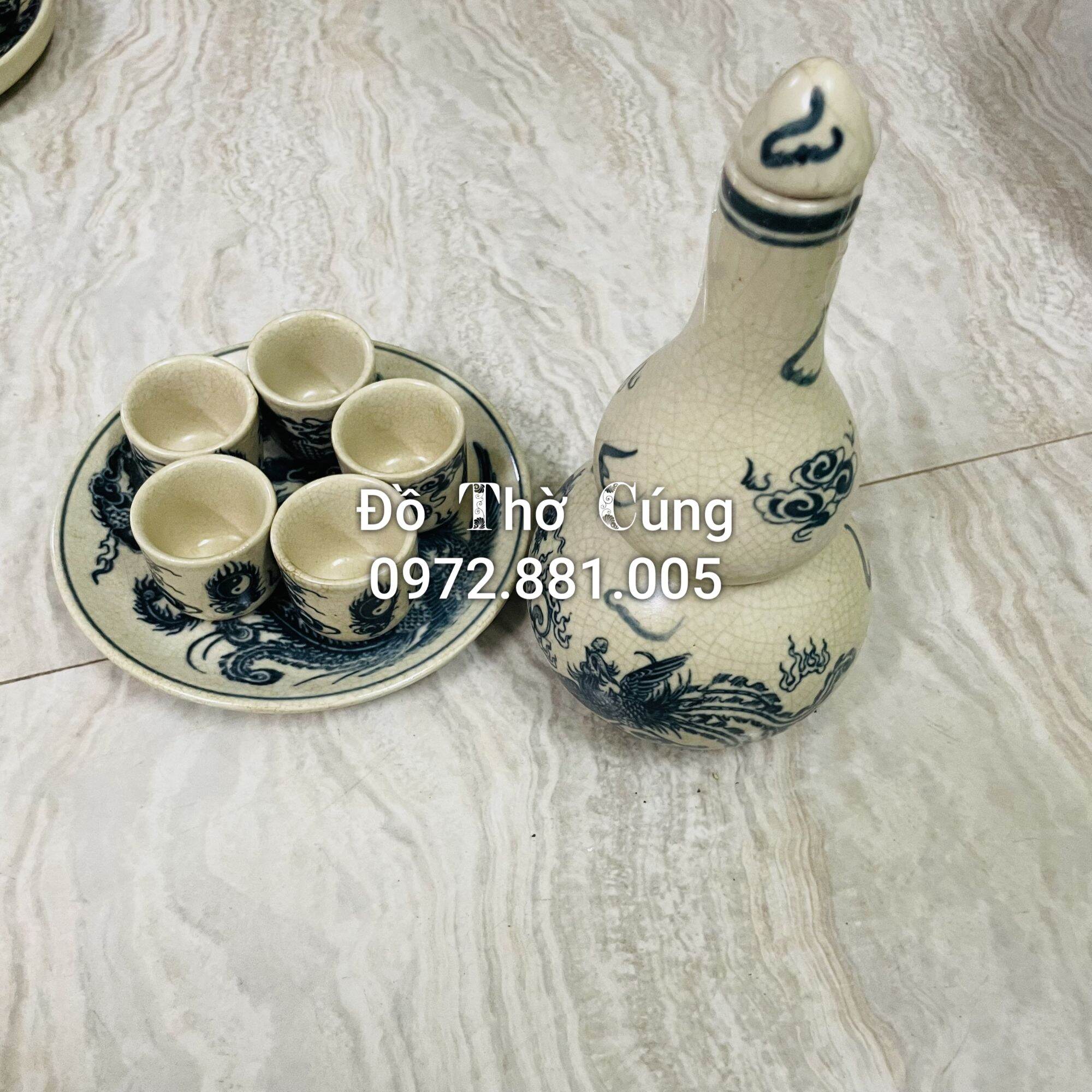 Bộ bát đĩa bày cơm cúng hoa mặt trời men rạn Đen