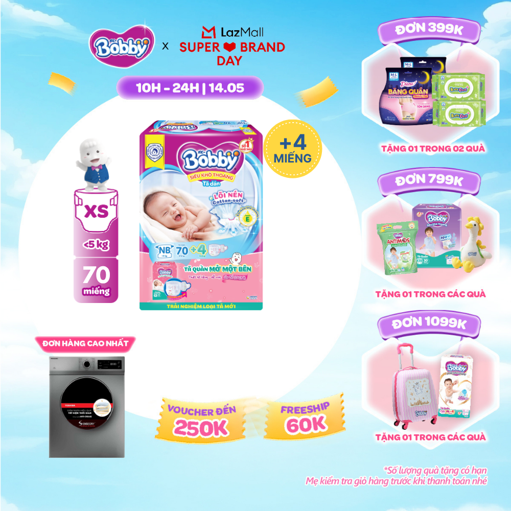 [SALE GIỮA THÁNG tặng QUÀ TO-SLCH]Tã dán Sơ sinh Bobby XS70 mới + tặng kèm 4 miếng tã quần mở một bên size NB/NB-S