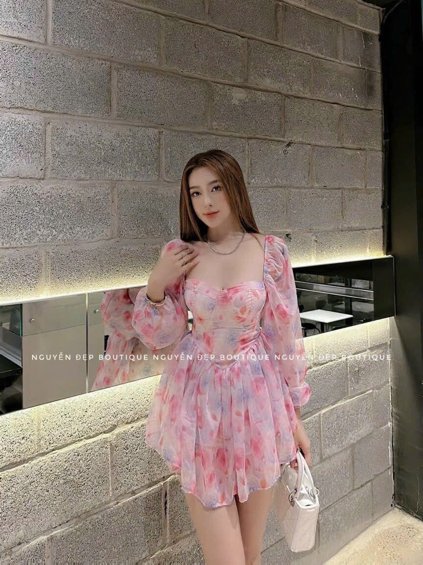 Đầm voan hoa tay dài