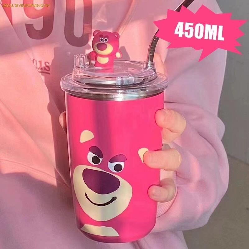 Bình Giữ Nhiệt Gấu Hống🍀FREESHIP🍀Ly Nước Gấu Dâu - Cốc Giữ Nhiệt Gấu Lotso Hồng Kèm Ống Hút