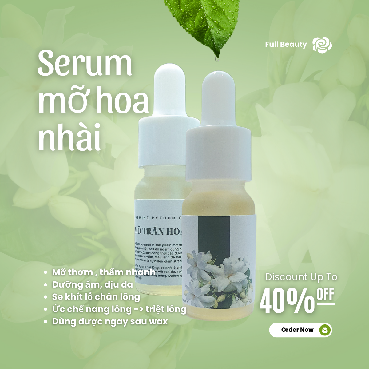 Mỡ trăn hoa nhài triệt lông, mờ rạn da, dưỡng gót chân full beauty 10ml