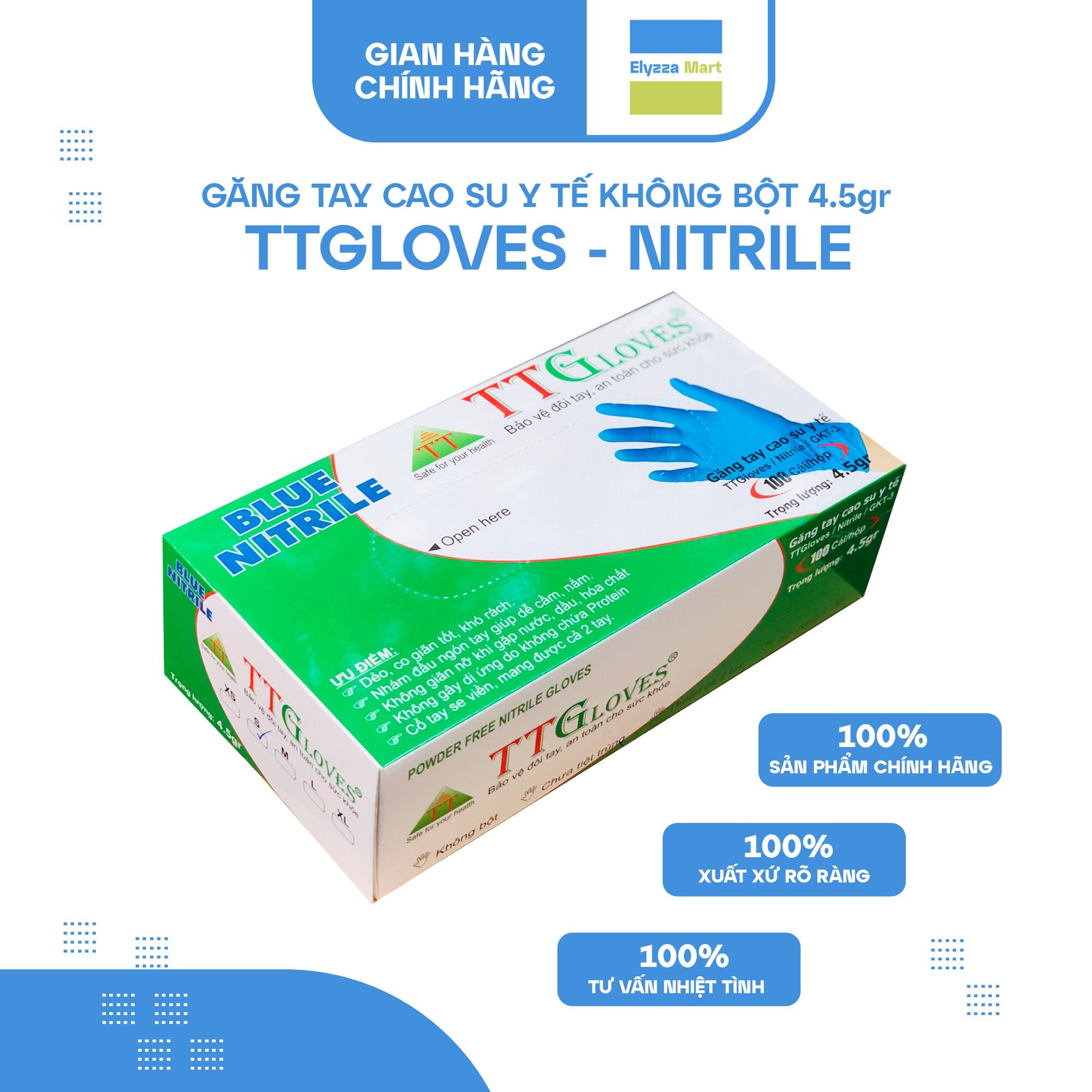 [HCM]Găng Tay Y Tế Nitrile Không Bột Cao Cấp TTGloves Màu Xanh