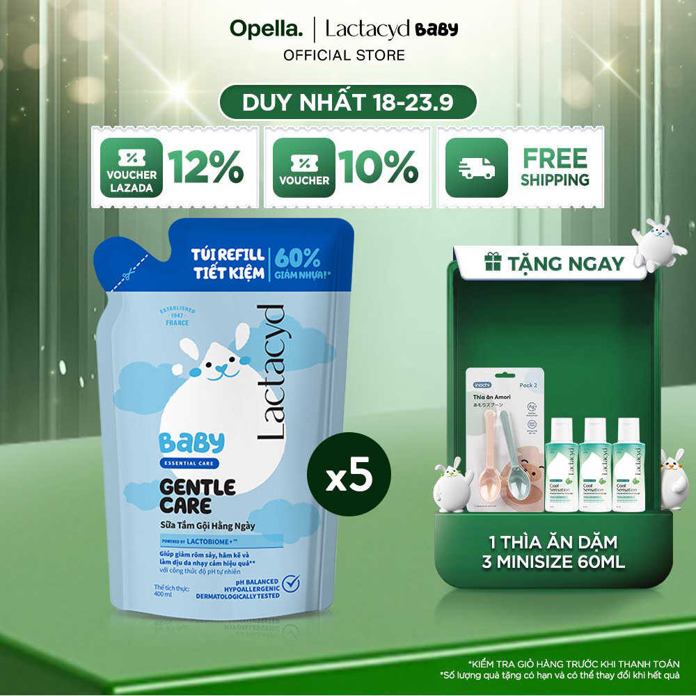 Bộ 5 Túi Refill - Sữa Tắm Gội Trẻ Em Lactacyd Baby Gentle Care Bảo Vệ Dịu Nhẹ Cho Làn Da Nhạy Cảm 400ml
