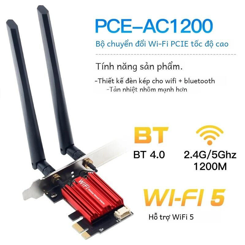 Băng Tần Kép WiFi 5 PCI-E Không Dây AC1200 2.4G/5GHz 802.11AC Card Mạng Có Bluetooth 4.0 Cho Máy Tính Để Bàn Laptop Windows 10