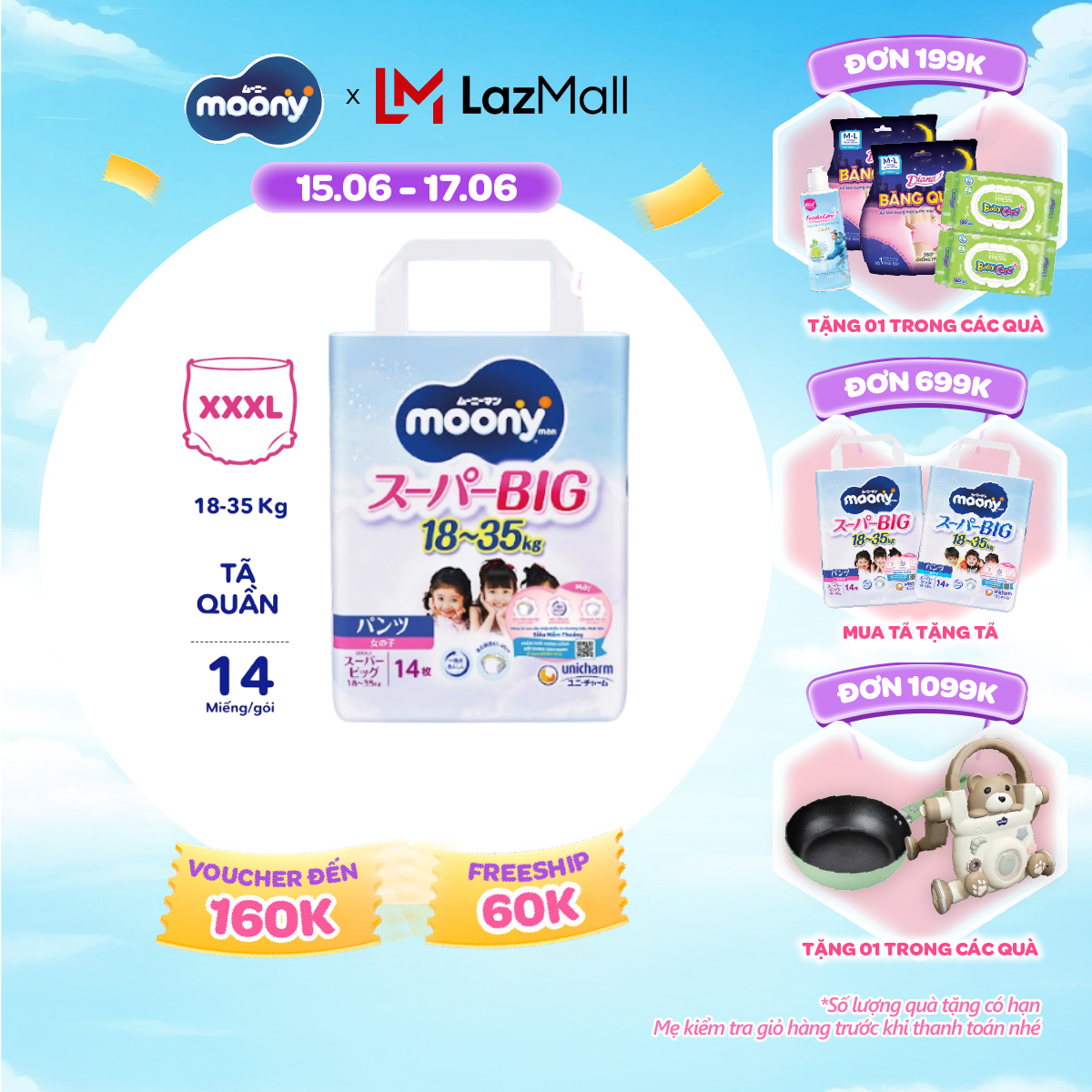 [SALE GIỮA THÁNG tặng QUÀ TO-SLCH] Tã quần cao cấp Moony Bé Gái XXXL14 miếng - Nhập khẩu từ Nhật Bản