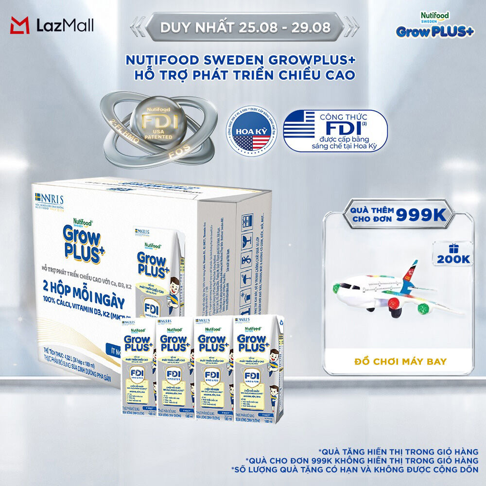 Sữa Bột Pha Sẵn Nutifood Sweden GrowPLUS+ Cao lớn vượt trội - Hỗ trợ phát triển chiều cao  hộp 180 ml (24 hộp x 180ml)