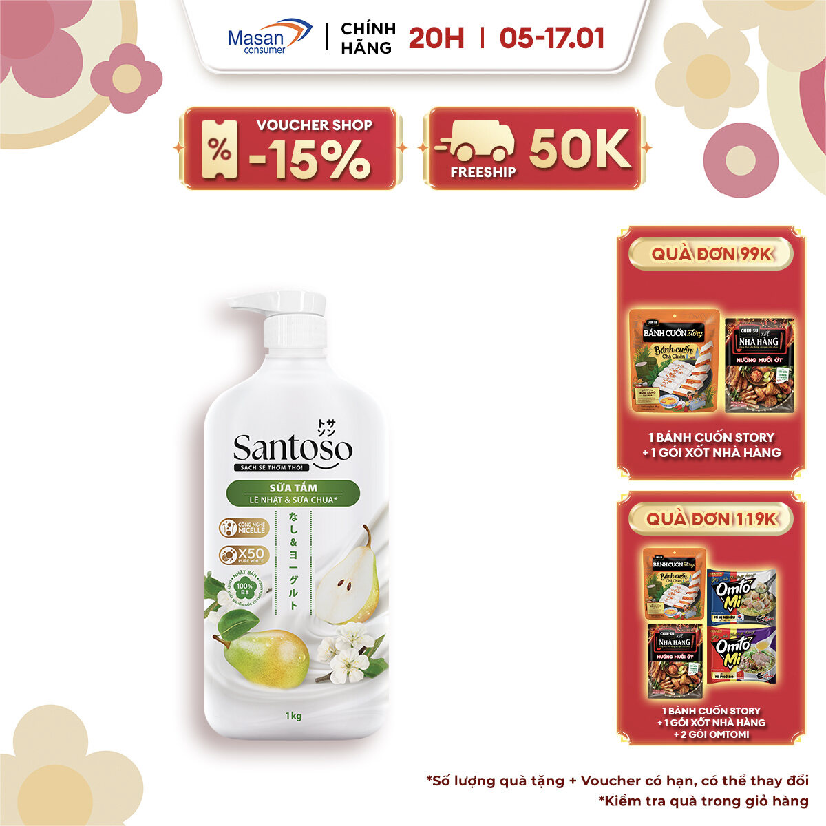 [VOUCHER 18% ĐƠN 199K]  Sữa tắm Santoso lê & sữa chua hương ngọt ngào chai x 1kg