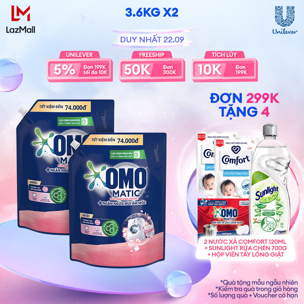 Combo 2 Túi Nước giặt OMO Chuyên dụng Cửa trước Ngăn ngừa Mùi Ẩm mốc Hương Hoa Anh Thảo 3.6kg