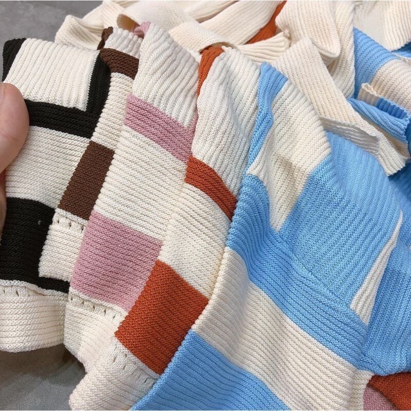 Áo len cộc tay crotop cổ bẻ sọc ngang