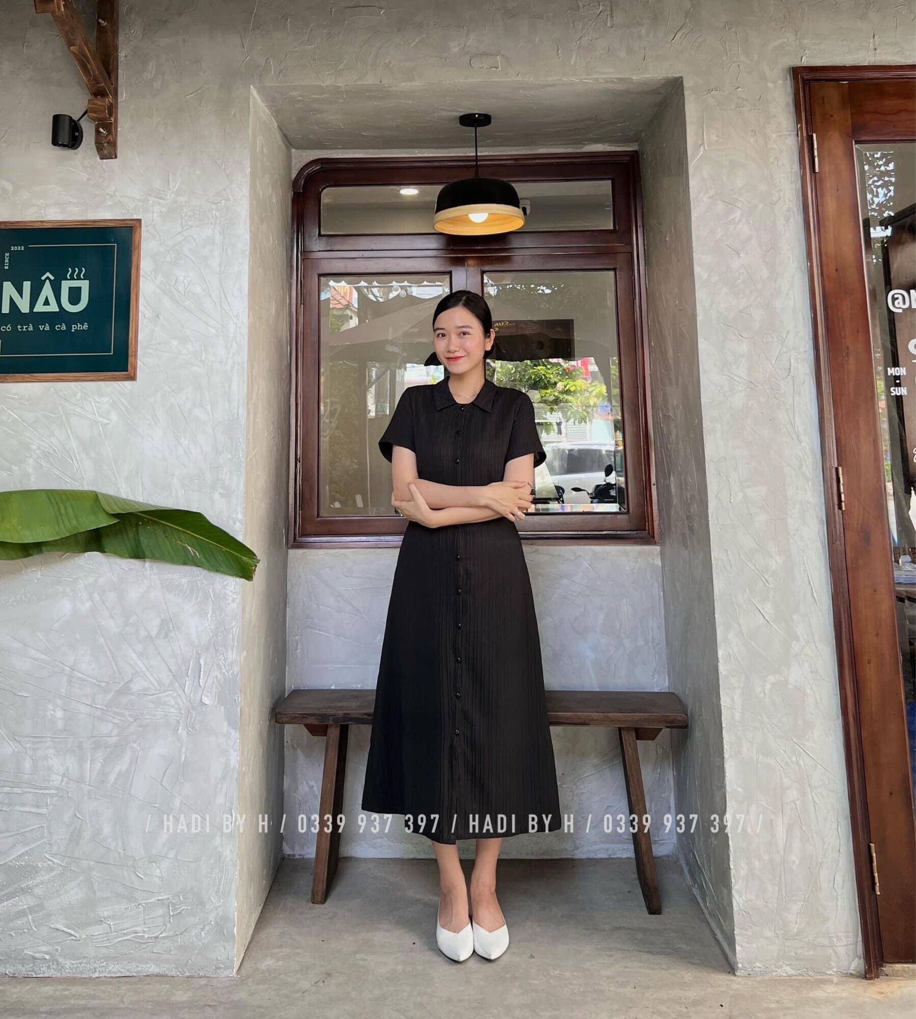 Đầm cổ sơ mi dáng middi dây thắt eo - Khiết