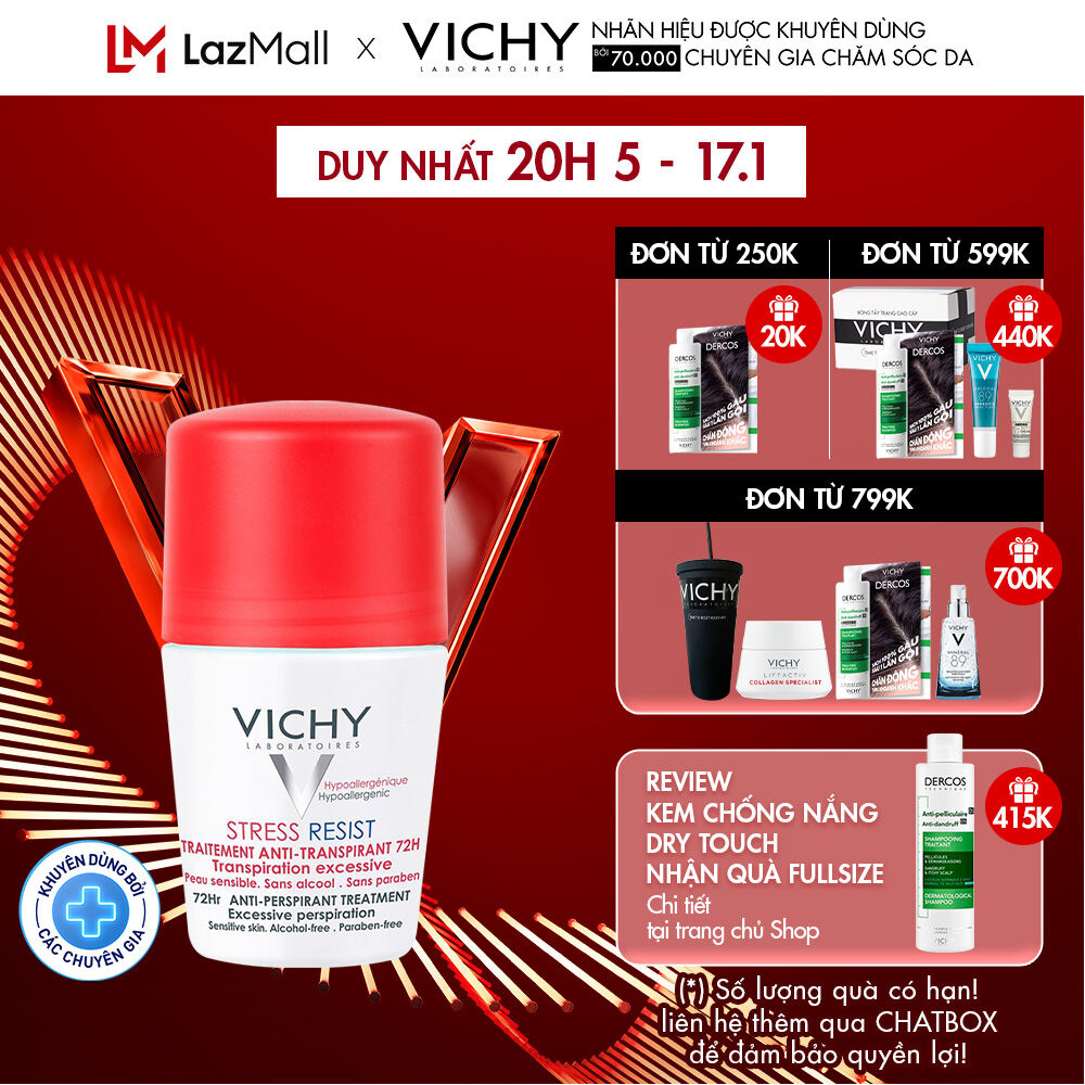 Lăn khử mùi giúp khô thoáng vùng da dưới cánh tay 72h Vichy Détranspirant Intensif