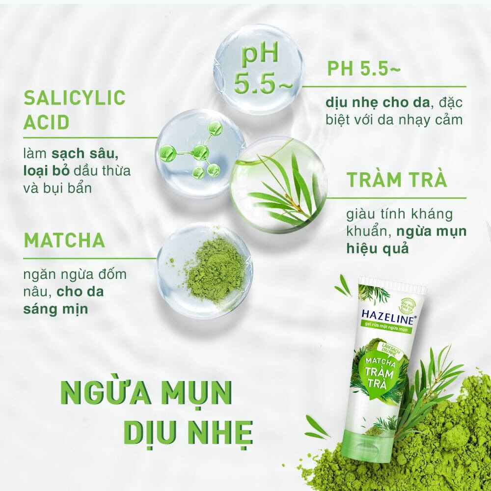 Sữa Rửa Mặt Ngừa Mụn Dưỡng Trắng Hazeline Nghệ Kiwi, Nghệ Hoa Cúc, Matcha Tràm Trà, Yến Mạch Dâu Tằm 100g