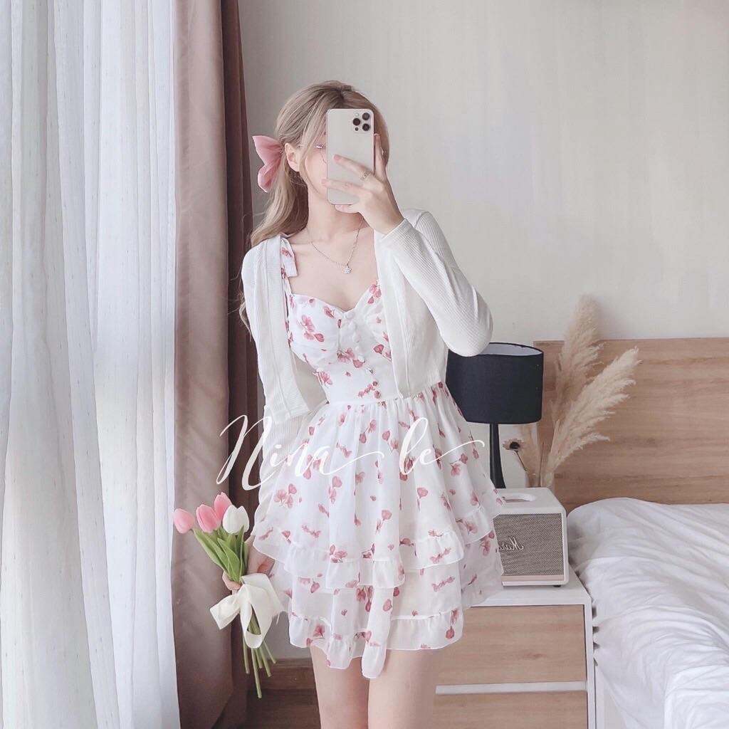 Set váy áo hoa nhí 2 dây xoè kèm khoác cardigan xinh xắn