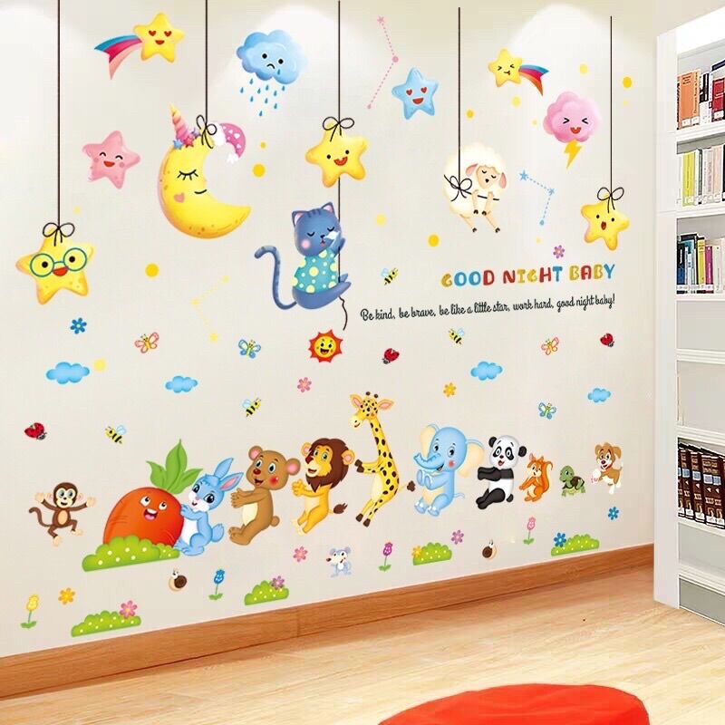 Decal dán tường cho bé trăng sao và thú nhổ củ cà rốt