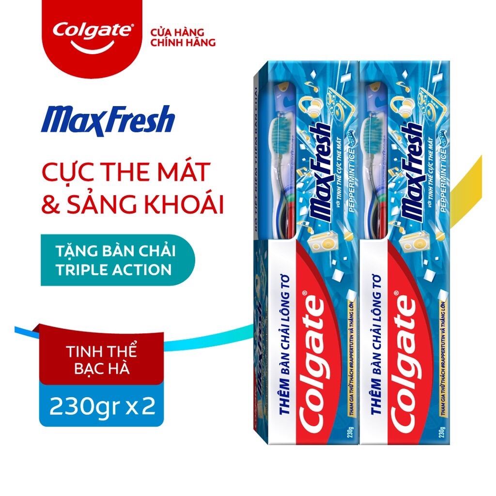 Com bo 2 Kem đánh răng Colgate Maxfresh hương trà xanh 230g/hộp tặng bàn chải đánh răng Colgate mềm mảnh trong mỗi hộp
