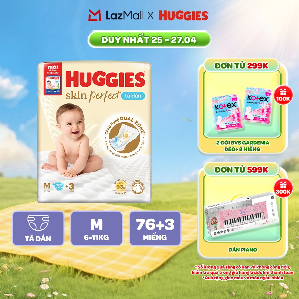 Tã/Bỉm Dán Sơ sinh Huggies Skincare Super Jumbo M76+3/L68/XL60/XXL54 Với 2 Vùng Thấm Giảm Kích Ứng Da